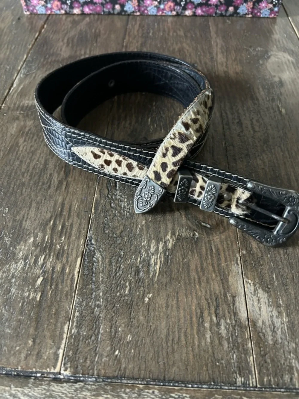 Aviator by Adelfio Vintage Belt Black Leather Faux Animal Print Made in Italy